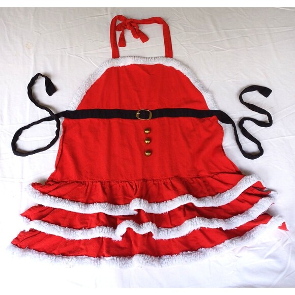 Pier 1 Christmas Red Apron Santa Claus Cookie Baking Gold Tone Accents - Picture 5 of 16